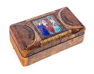 1700's Leather covered Box with Enameled Plaque