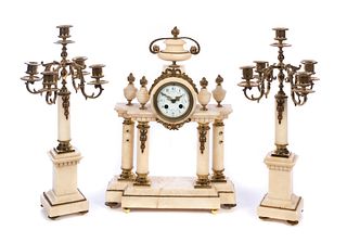 Alabaster and Brass Garniture Clock set