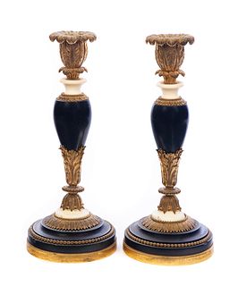 Pair Gilt Bronze and Marble Candlesticks