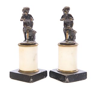 Pair Bronze And Marble Statues Boy On Basket