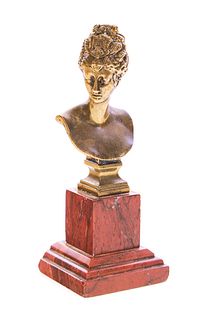 Bronze Bust of Woman on Pink Marble Pedestal