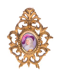 Miniature Painting on Porcelain Gold Gilt Frame Duchess