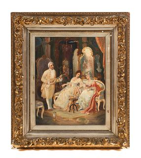 Oil on Canvas Painting French Parlor Scene in Ornate