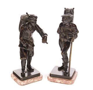Pair of Bronze Traveler Bronzes with Marble Bases