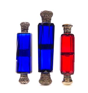 3 Victorian Double Art Glass Perfume Scent Bottles