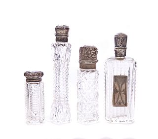 4 Antique Cut Glass and Sterling Perfume Scent Bottles