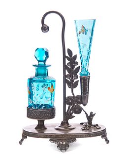 Victorian Blue Enameled Perfume Bottle and Vase