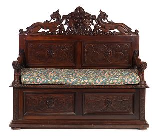 Antique Horner Mahogany Wing Griffin Hall Seat Bench