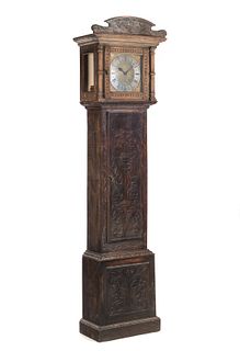 Early Oak Highly Carved Grandfather Clock AS-IS