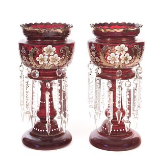 Victorian Cranberry Art Glass Mantle Lustres