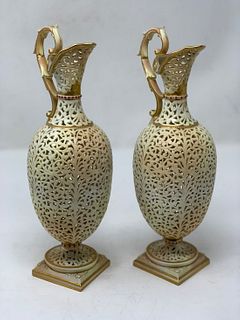 Pair Of Royal Worcester Reticulated Urns
