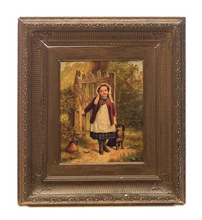 Antique Oil Painting on Board Little Red Riding Hood