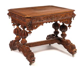 Highly Carved Oak Dolphin Library Table