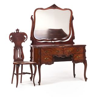 Carved Mahogany French Vanity With Chair