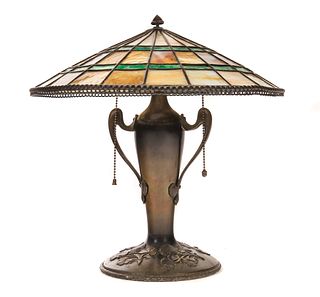 Bronze Art Nouveau Leaded Glass Lamp