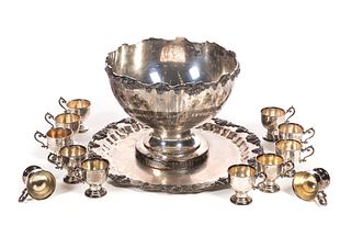 Ornate Silver Plated Punch Bowl And Cups