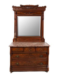 Walnut Victorian Eastlake Marble Top Dresser And Mirror