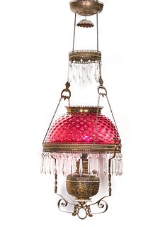 Victorian Hanging Lamp with Cranberry Hobnail Shade