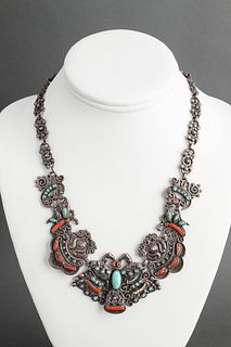 Native American Silver Turquoise & Coral Necklace