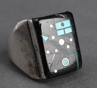 Mid Century Modern Silver Onyx & Turquoise Ring