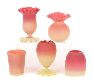5 Pc Victorian Peachblow Burmese Vases Tumbler Fairy