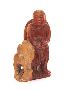 Chinese Hard Stone Carving of Man and Foo Dog