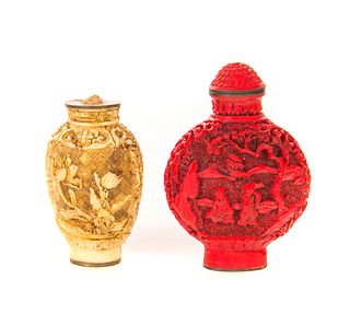 2 Signed Chinese Faux Cinnabar Snuff Bottles