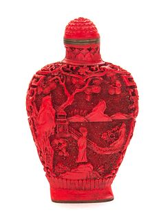 Signed Chinese Faux Cinnabar Carved Snuff Bottle