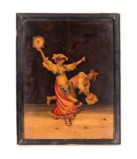 Marquetry Inlaid Wooden Plaque Dancing Gypsies
