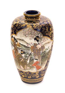 Signed Gosu Blue Shimazu Satsuma Meiji Vase