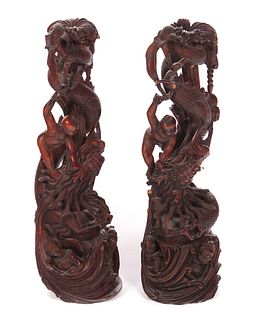 Chinese Boxwood Dragon and Immortals Statue Pair