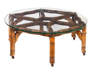Chinese Bamboo Carved Table with Round Glass Top