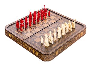 Chinese Lacquered Chess Set with Carved Cinnabar Pieces