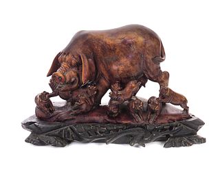 Oriental Soapstone Carving Pig with Piglets