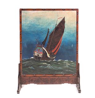 Oriental Carved Fire screen with Chinese Sailing Vessel