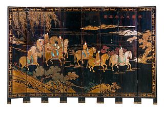 Chinese eight Panel Chinese Black Lacquer Folding