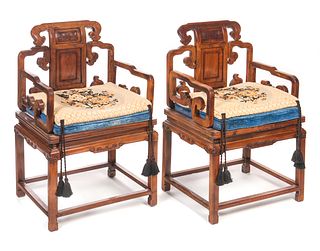 Pair Carved Chinese Arm Chairs with Silk Cushions