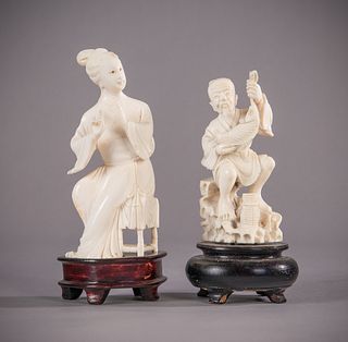 2 Signed Chinese Ivory Musician and Fisherman Sculpture