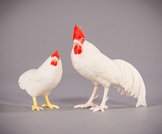 Japanese Ivory Carved Chicken and Rooster