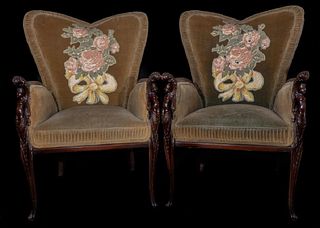 Pair Figural Carved Trapunto Arm Chairs