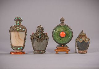 4 Silver Mounted Chinese Snuff  Bottles
