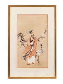 Chinese Watercolor On Silk of Man and Crane