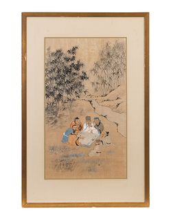 Chinese watercolor on silk of men playing Go