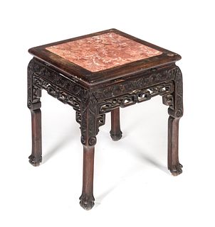 Chinese square pink marble rosewood side table
