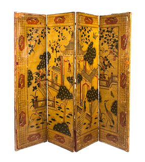 Early 19th Cent. Japanese Leather Hand Painted Screen