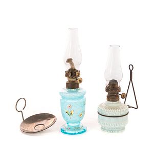 2 Victorian Miniature Art Glass Oil Lamps
