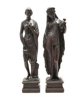 Carved Oak Figures Of Classical Maidens, Pair