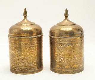 Indian Incised Brass Lidded Canisters, Pair