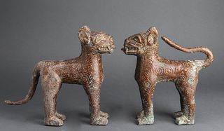 Benin Bronze Leopard Sculptures, Pair
