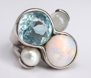 Silver, Opal, Aquamarine, Pearl & Moonstone Ring